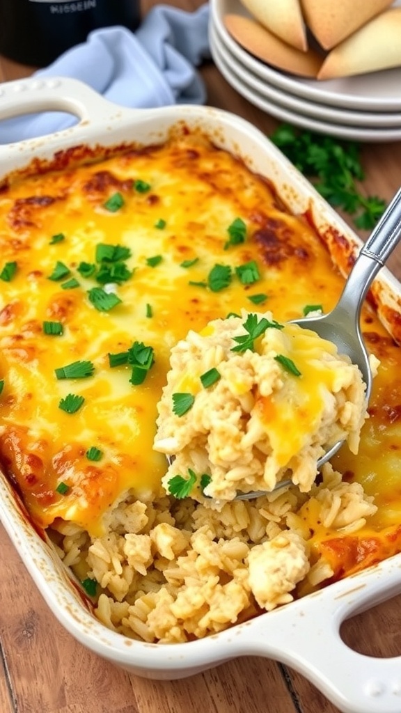 A golden-brown chicken and rice casserole topped with melted cheese, garnished with parsley, in a rustic baking dish.